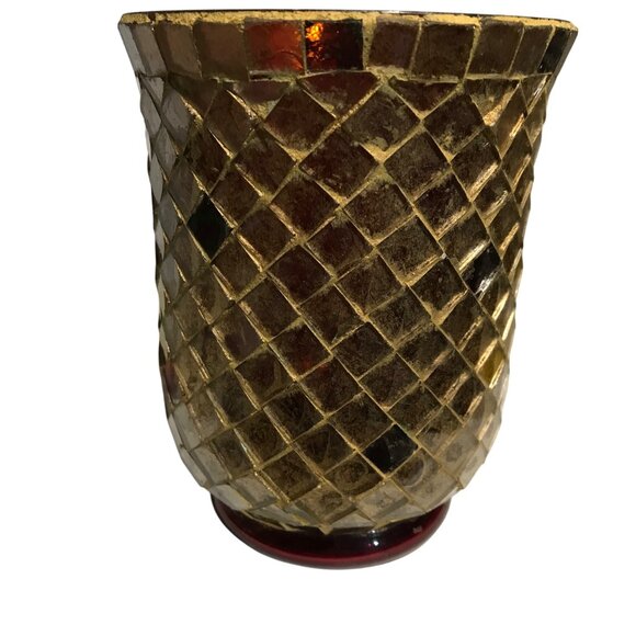 Vintage Mosaic Glass Vase Votive Holder Gold & Red Diamond Pattern 5.5" x 4.25" - Picture 1 of 9